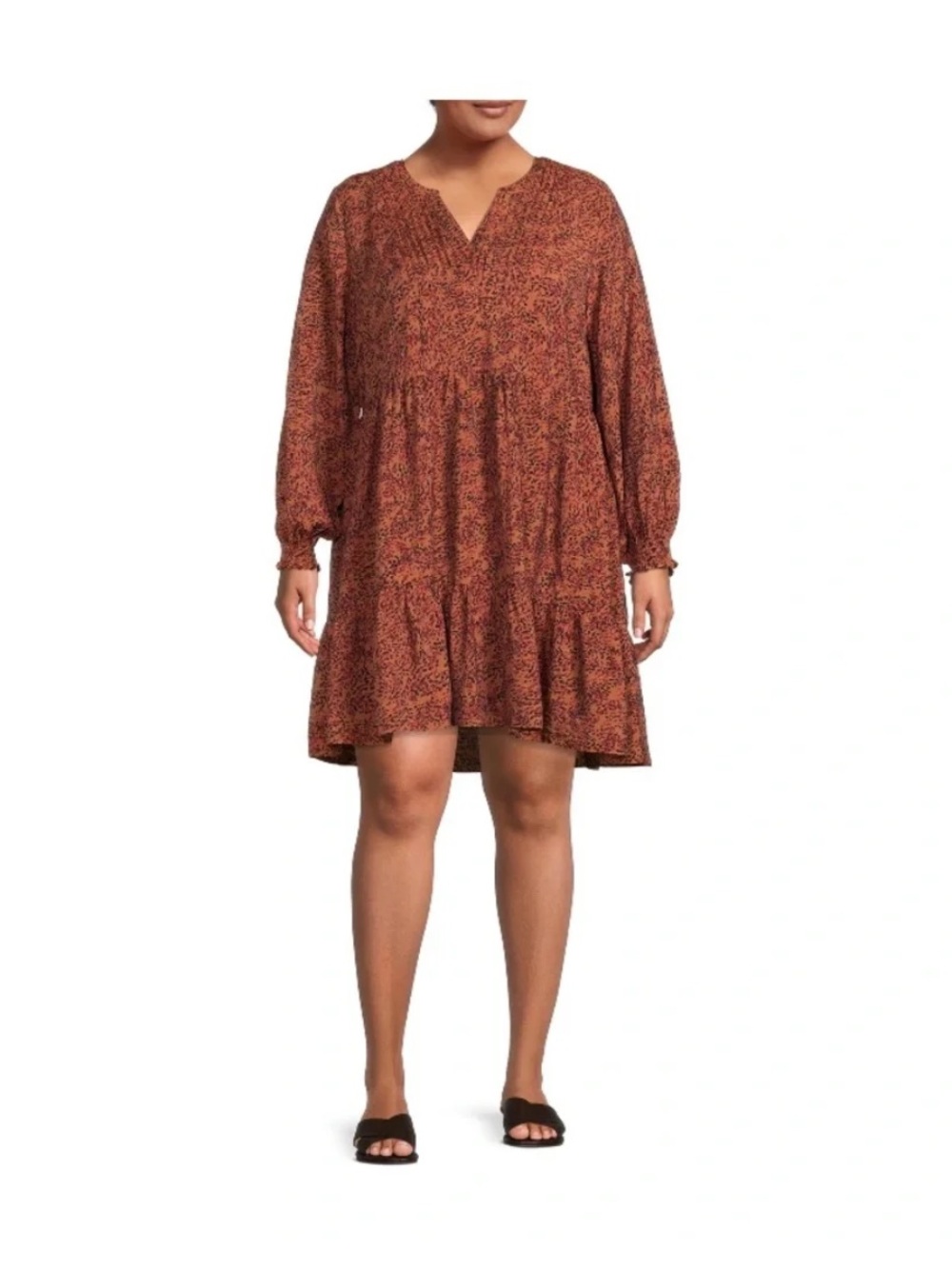 Terra & Sky Rust Brown Printed Long Sleeve Swing Dress